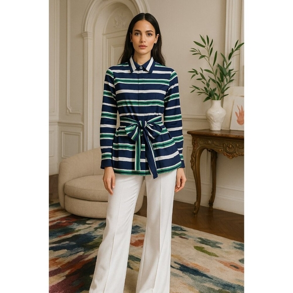 Carolina Herrera Striped Cotton Belted Shirt Dress Top 2 Multicolor Button Down - Picture 15 of 16